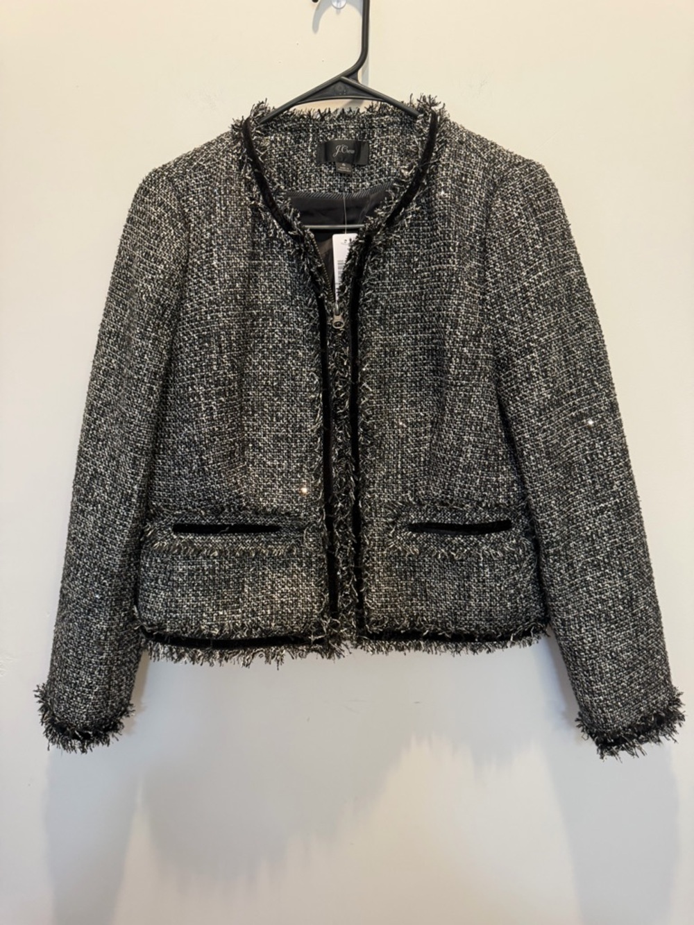 J. Crew Lady Metallic Black & White Tweed Fringe Collarless Blazer - Picture 3 of 8